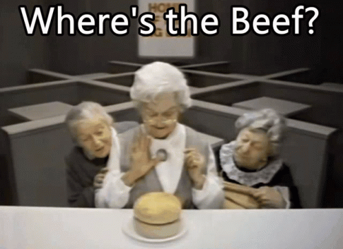 Three Elderly Women Are Sitting At A Table With A Hamburger And The Words Where 'S The Beef GIF