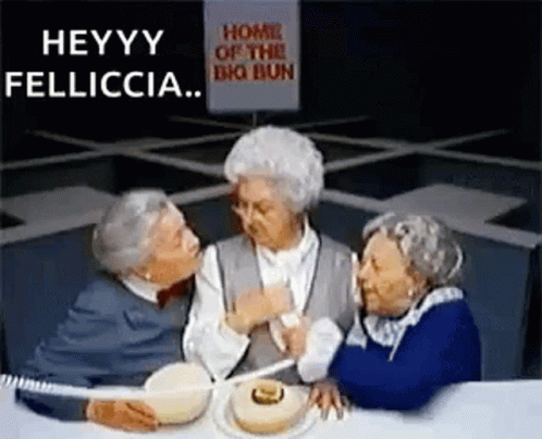 Three Elderly Women Are Sitting At A Table With A Sign That Says `` Home Of The Big Bun '' . GIF