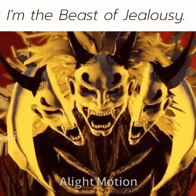 Three-Faced Horned Monster Saying I'm The Beast Of Jealousy GIF