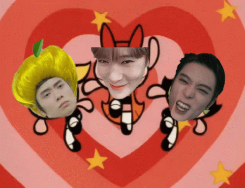 Three Faces Are On A Red Heart Background GIF