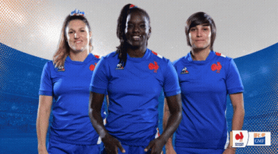 Three Female Athletes Wearing Blue Jerseys With The Gmf Logo On The Bottom GIF