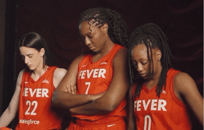 Three Female Basketball Players Wearing Red Jerseys With The Word Fever On Them GIF