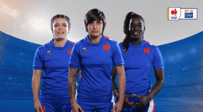 Three Female Rugby Players Are Posing For A Photo With A France Rugby Logo Behind Them GIF