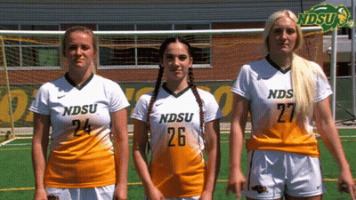 Three Female Soccer Players For Ndsu Are Standing Next To Each Other GIF