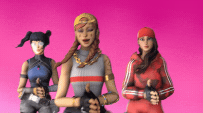 Three Female Video Game Characters Are Standing Next To Each Other On A Pink Background . GIF