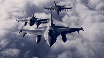 Three Fighter Jets Flying In Cloudy Sky GIF