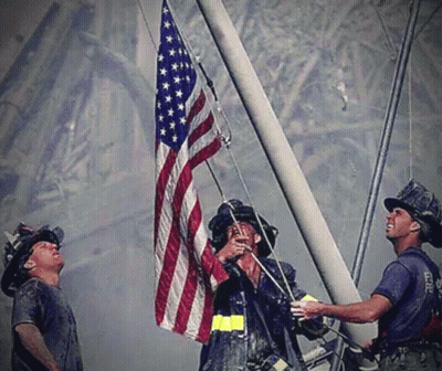 Three Firefighters Raising American Flag GIF