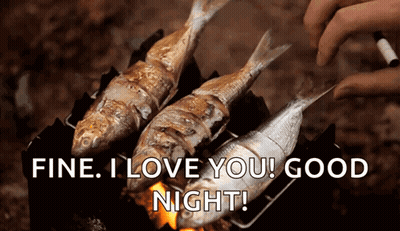 Three Fish Are Cooking On A Grill With The Words Fine I Love You Good Night Written Below Them GIF