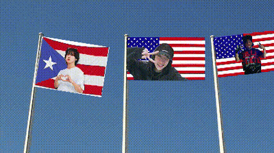 Three Flags With People Pictures Flying In Wind GIF