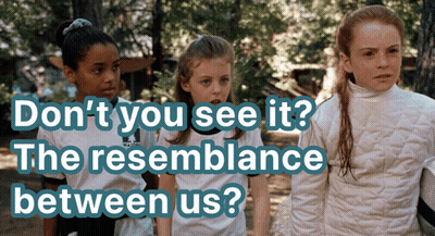 Three Girls Are Standing Next To Each Other With The Words " Don 'T You See It The Resemblance Between Us " GIF