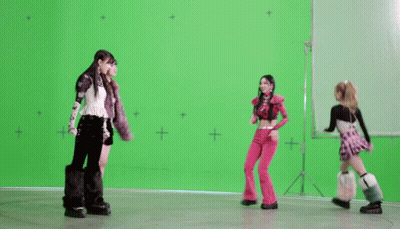 Three Girls Dancing In Front Of Green Screen GIF