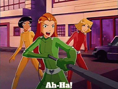 Three Girls From Totally Spies Are Standing Next To Each Other And One Of Them Is Holding A Knife And Says Ah-Ha GIF