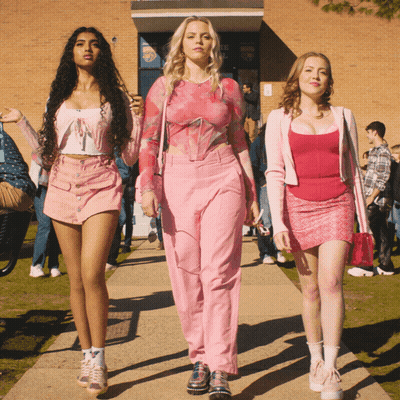Three Girls In Pink Walking To School GIF