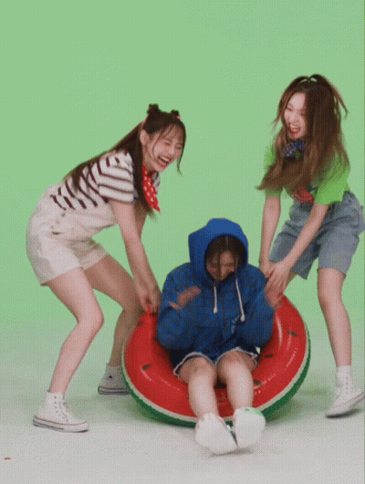 Three Girls Playing With Watermelon Raft GIF