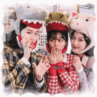 Three Girls Wearing Shark Hats And Pig Hats With Liv < 3 Written On Them GIF