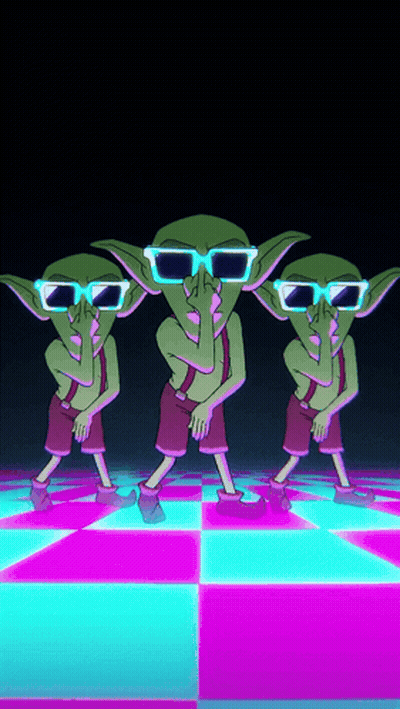 Three Goblins Wearing Sunglasses Are Dancing On A Purple And Blue Floor GIF