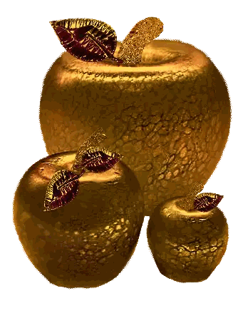 Three Golden Apples On A White Background With Leaves On Them GIF