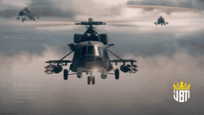 Three Helicopters Are Flying In The Sky With A Ubti Logo In The Corner GIF