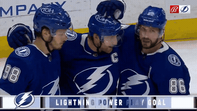 Three Hockey Players Hugging Lightning Power Play Goal GIF