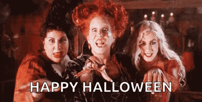 Three Hocus Pocus Witches Standing With Happy Halloween GIF