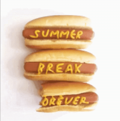 Three Hot Dogs Are Stacked On Top Of Each Other With The Words Summer Break Forever Written On Them GIF