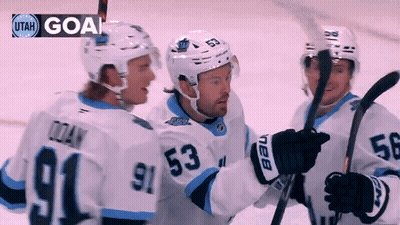 Three Ice Hockey Players Celebrating Goal With Utah GIF
