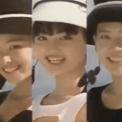 Three Images Of A Woman Wearing A Hat GIF