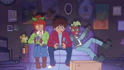 Three Kids Playing Video Game With Letter R On Jacket GIF