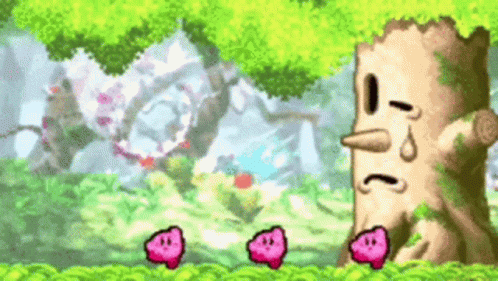 Three Kirbys Are Standing Next To A Tree In A Game . GIF