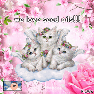 Three Kittens With Flowers Saying We Love Seed Oils GIF