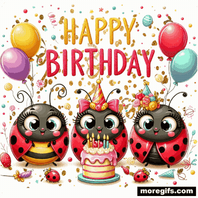 Three Ladybugs Celebrate Birthday With Cake And Balloons GIF