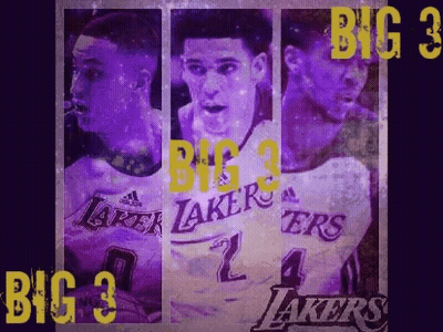 Three Lakers Basketball Players On Purple And Yellow Background GIF
