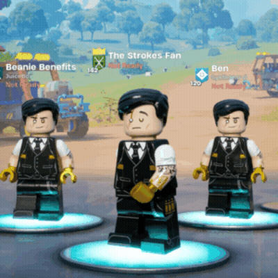 Three Lego Figures Are Standing Next To Each Other In Front Of A Screen That Says Beanie Benefits And The Strokes Fan GIF
