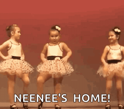 Three Little Girls Are Dancing On A Stage And The Words Neenee 'S Home Are Written On The Bottom GIF