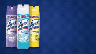 Three Lysol Disinfectant Spray Cans On Blue Background GIF