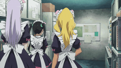 Three Maids Are Standing In A Room With A Calendar On The Wall That Says October GIF
