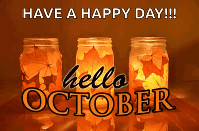 Three Mason Jars Filled With Leaves Saying Have A Happy Day GIF