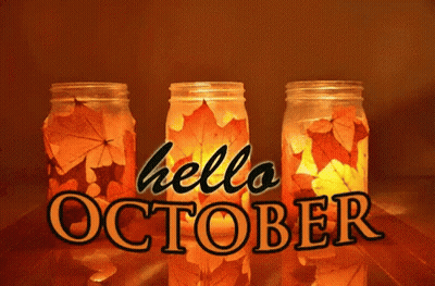 Three Mason Jars With Leaves Inside And The Words Hello October GIF