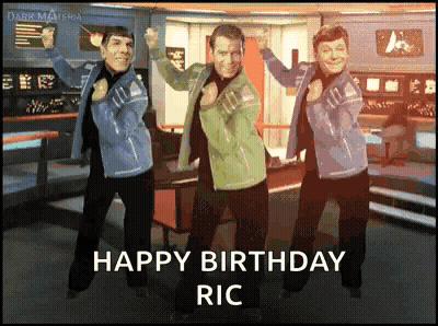 Three Men Are Dancing In A Room And The Words Happy Birthday Ric Are On The Bottom GIF