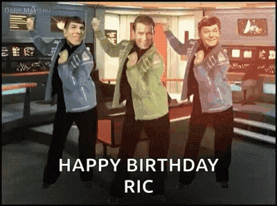 Three Men Are Dancing In A Room With The Words Happy Birthday Ric On The Bottom GIF