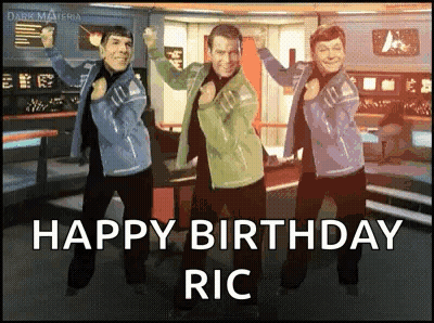 Three Men Are Dancing In A Room With The Words Happy Birthday Ric On The Bottom GIF