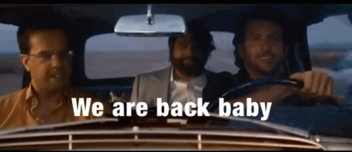 Three Men Are Driving In A Car With The Words We Are Back Baby GIF