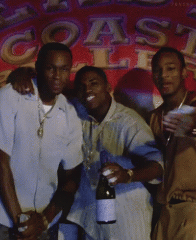 Three Men Are Posing For A Picture In Front Of A Sign That Says Coast Club GIF