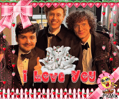 Three Men Are Posing For A Picture With The Words I Love You In Red GIF