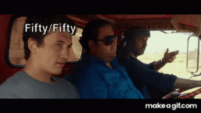 Three Men Are Sitting In A Car With The Words Fifty Fifty Written Above Them GIF