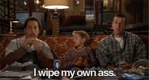 Three Men Are Sitting On A Couch And One Of Them Says " Wipe My Own Ass " GIF