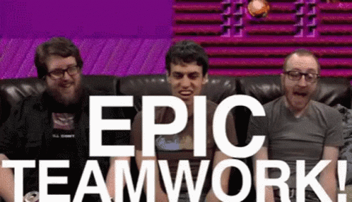 Three Men Are Sitting On A Couch With The Words Epic Teamwork GIF