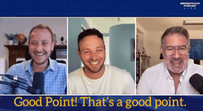 Three Men Are Smiling In Front Of A Microphone With The Words Good Point That 'S A Good Point On The Bottom GIF