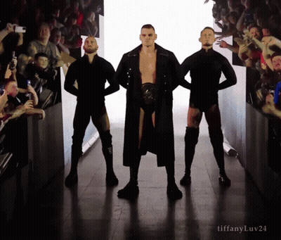 Three Men Are Standing In A Hallway With Tiffanyluv24 Written On The Bottom GIF