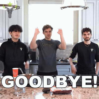 Three Men Are Standing In A Kitchen With The Words Goodbye Written In White GIF